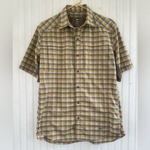 REI Men's Yellow Tan Gray Plaid Button Down Mesh Vented Fishing Shirt Medium